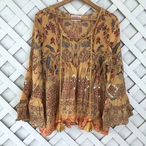 Gipsy Queen Boho Bell Sleeve Sequins Smocked Babydoll Top